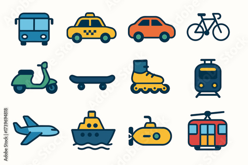 Colorful icons of various modes of transportation