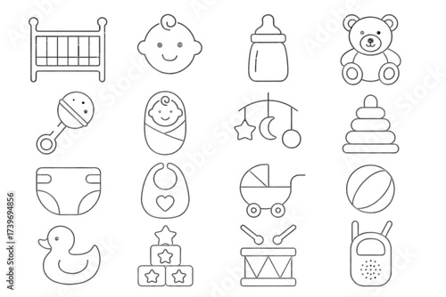 Minimalist line art icons of baby essentials: stroller, bottle, crib, toys, diaper, monitor