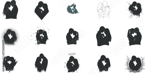 Couple kissing illustration set, romantic embrace, heart shape, silhouette, watercolor, line art, vector design