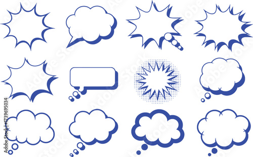 Collection of Blue Comic Book Speech and Thought Bubbles on White Background