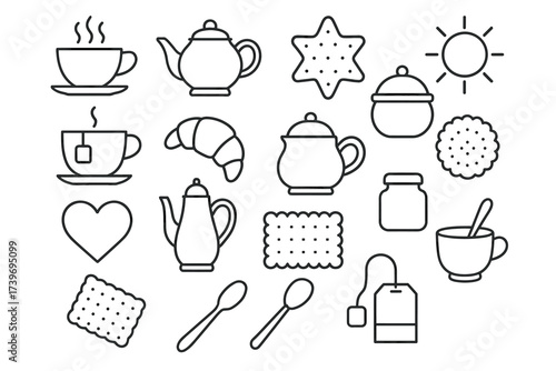 Tea and treats: teapots, teacups, and cookies line art icons collection