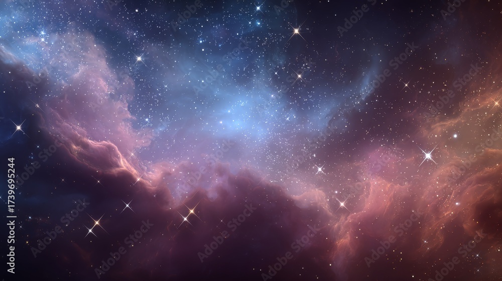 Fototapeta premium Vivid cosmic nebula with swirling gases, bright twinkling stars, and deep space background showcasing the beauty and vastness of the universe