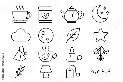 Tea time icons: cups, teapots, and celestial symbols in simple line art
