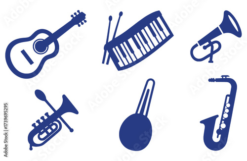 Collection of Blue Musical Instrument Icons on White Background