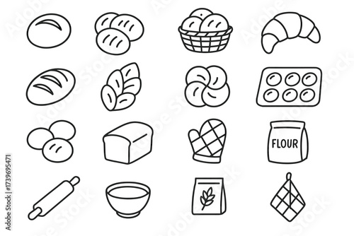 Hand-drawn baking icons set featuring bread, croissant, eggs, flour, rolling pin