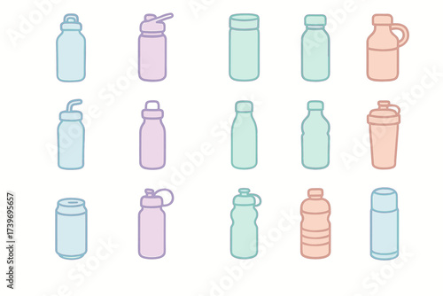 Colorful outline collection of various reusable water bottles in pastel shades
