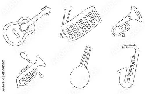 Collection of Musical Instrument Icons: Guitar, Keyboard, Trumpet, Saxophone, and More