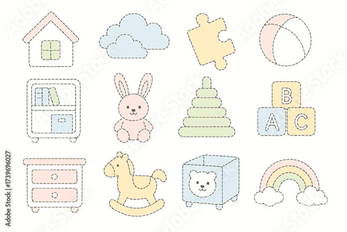 Pastel baby toys and furniture collection featuring bunny and rainbow designs