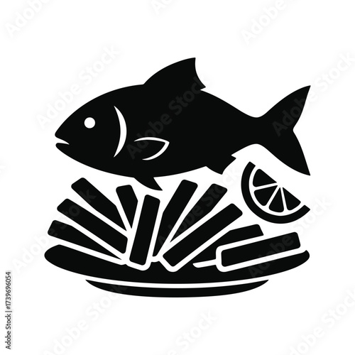 Fish and chips with lemon slice vector silhouette.