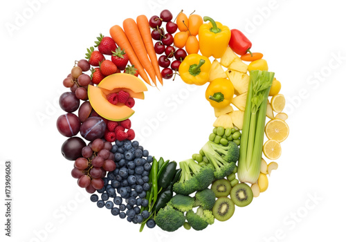 A colorful ring of fresh fruits and vegetables, isolated on transparent background