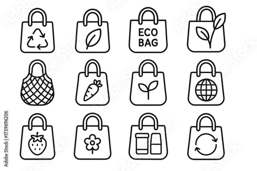 Eco-friendly bag icons: sustainable shopping and recycling symbols