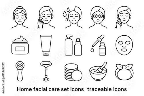 Home facial care icons set: outline symbols of skincare and beauty routine