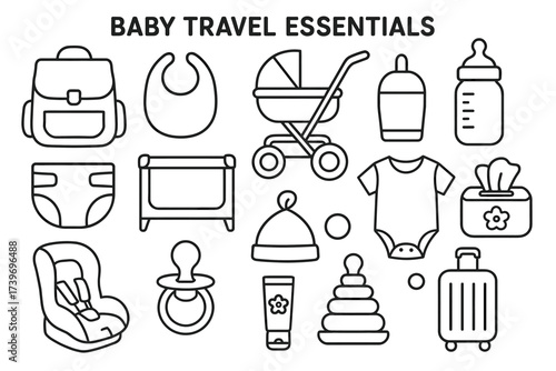 Baby travel essentials outline: stroller, diaper, onesie, bottle, pacifier, car seat