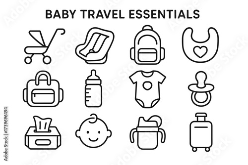 Baby travel essentials: stroller, car seat, diaper bag, bib, bottle, pacifier icons