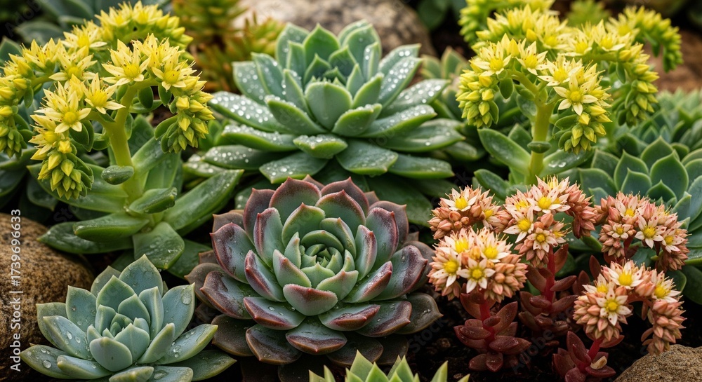 Obraz premium Vibrant Cluster of Stonecrop Succulent Plants (Sedum/Echeveria) with Yellow and Pink Blooms