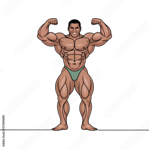 Continuous Simple black line art drawing of a bodybuilder in a minimalist style on a white background.