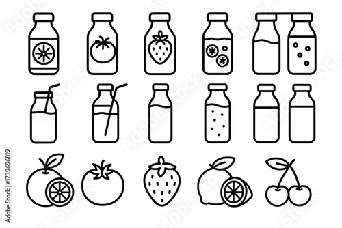 Minimalist black and white beverage icons featuring fruit and juices