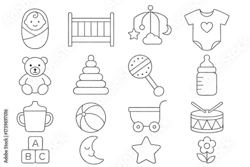 Outline icons of baby items: swaddle, crib, toys, bottle, onesie, and more