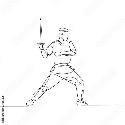 Continuous Simple black line art drawing of a Arnis Player in a minimalist style on a white background.