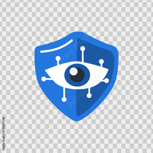 Blue shield design with eye and network points, ideal for cybersecurity, technology, and data protection concepts in various industries.