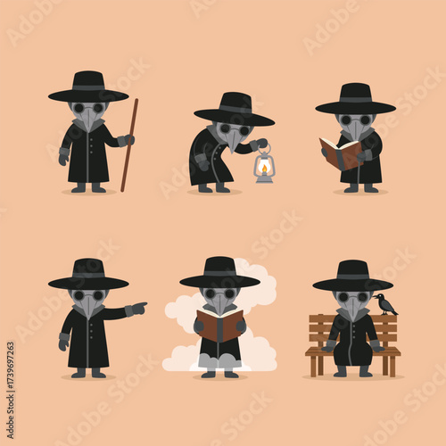 set of  plague doctor cartoon characters in different poses