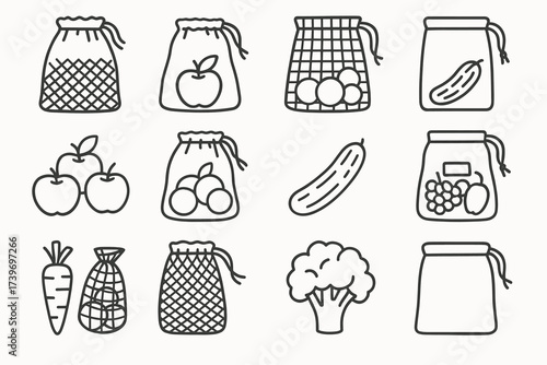 Reusable produce bags and icons of fruits and vegetables in black and white outline