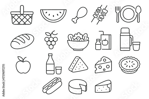 Picnic icons set featuring food items like bread, cheese, and drinks