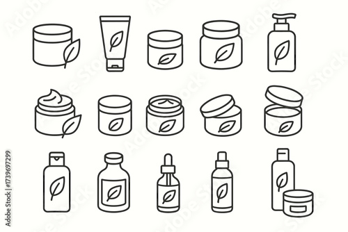 Line icons of eco-friendly skincare products with leaf motifs