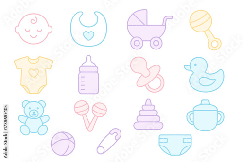 Colorful baby essentials icons: toys, clothes, bottle, pacifier, duck