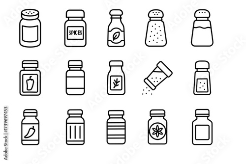 Various spice and condiment bottle icons set in line art style