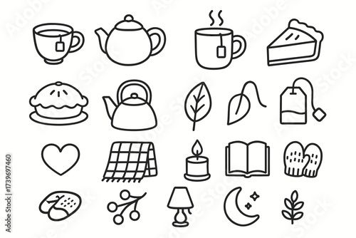 Cozy autumn icons featuring tea, pie, and seasonal elements in line art style