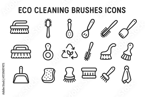 Eco cleaning brushes icons: diverse set of sustainable cleaning tools illustrations