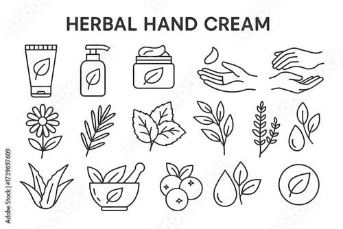 Herbal hand cream icons: natural ingredients and skincare elements