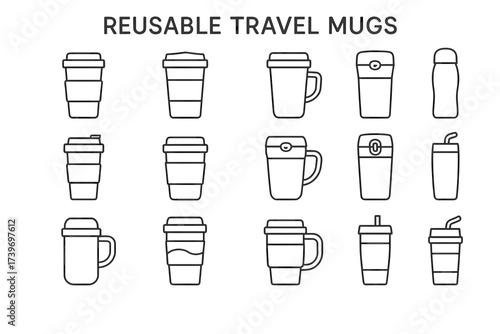 Collection of reusable travel mugs: various shapes and sizes in black outline