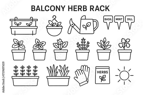 Balcony herb rack with potted plants, gardening tools, and herb labels