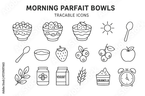 Morning parfait bowls and ingredients icons - yogurt, granola, fruit, spoon, sun