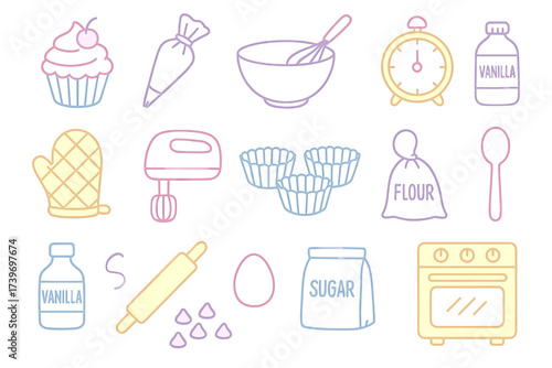 Baking essentials: whisk, cupcake, oven, sugar, flour, vanilla illustrations