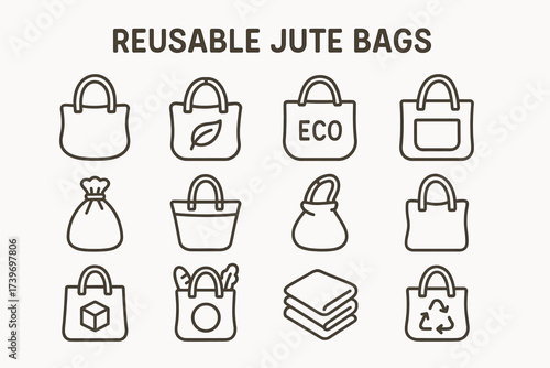 Collection of iconic reusable jute bags with eco-friendly symbols