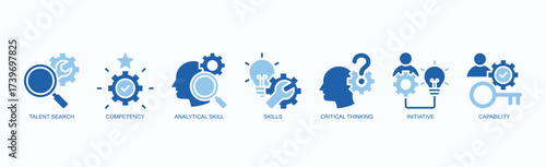 Powering Competence Icon Set Isolated Vector With Icon Of Talent Search, Competency, Analytical Skill, Skills, Critical Thinking, Initiative, Capability In Two Color Glyph Style