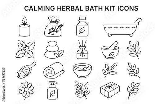 Calming herbal bath kit icons featuring candle, herbs, oil, and spa elements