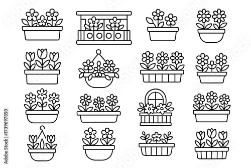 Collection of floral planter icons featuring various flower arrangements