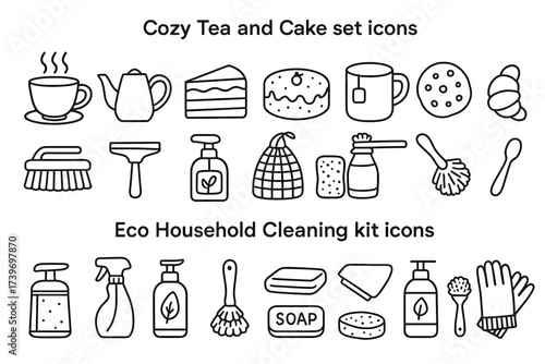 Cozy tea and cake set with eco household cleaning kit icons