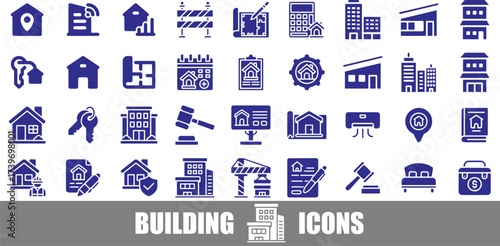 Collection of Blue Building and Real Estate Icons on White Background