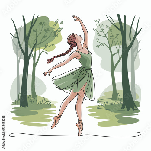 Continuous Simple black line art drawing of a ballerina dancing in a minimalist style on a white background.