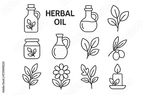 Herbal oil icons: bottles, leaves, flowers, candle designs in black and white