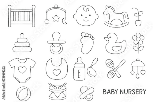Baby nursery icons: crib, toys, pacifier, bottle, and duck - simple line art