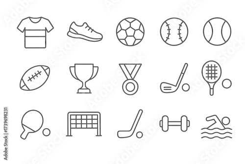 Set of sports icons including football, basketball, tennis, swimming, and more