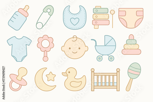 Pastel baby icons collection: bottle, rattle, crib, diaper, and more