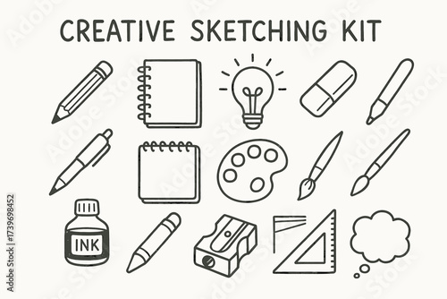 Creative sketching kit with art supplies including notebook, pencil, paintbrush, palette, lightbulb, ink, sharpener, eraser