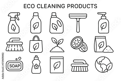 Eco cleaning products icon set featuring sustainable and natural symbols